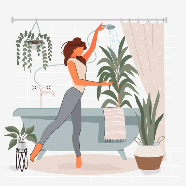 Menina Lava Flores Banheiro Acolhedor Jardinagem Manutenção Plantas Ilustração Vetorial — Vetor de Stock