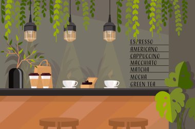 Kahve ve yeşil bitkilerle dolu bar tezgahı. Samimi bir kafe. Vektör illüstrasyonu.