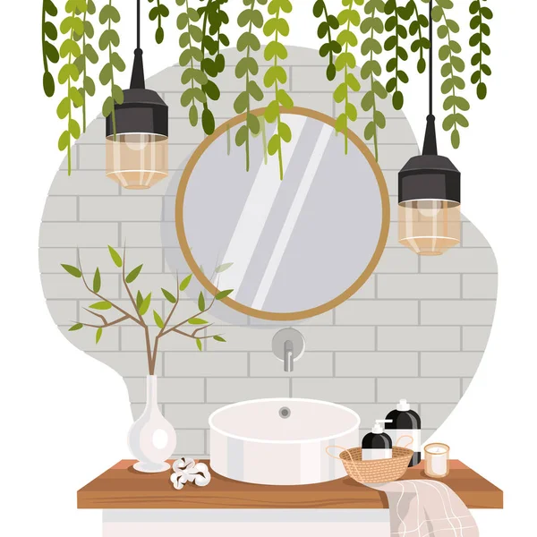 Уютная Ванная Комната Зелеными Растениями Стильными Вещами Векторная Иллюстрация — стоковый вектор