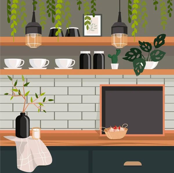 Фрагмент Затишної Кухні Крейдяною Дошкою Зеленими Рослинами Посудом Векторні Ілюстрації — стоковий вектор