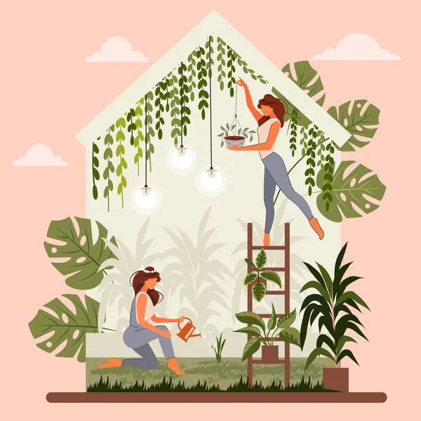 Maison Verte Concept Écologie Soins Des Plantes Les Jolies Filles — Image vectorielle