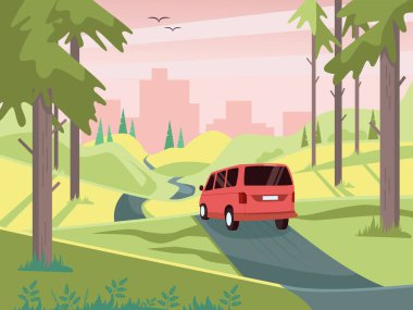 Şehir manzaralı, yolu ve arabası olan bahar manzarası. Yolculuk. Düz bir şekilde vektör illüstrasyonu