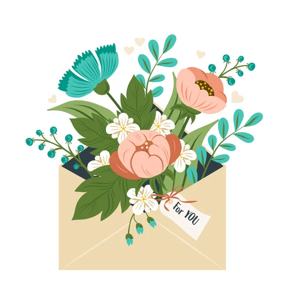 Enveloppe Avec Belles Fleurs Intérieur Carte Postale Mignonne Dans Style — Image vectorielle