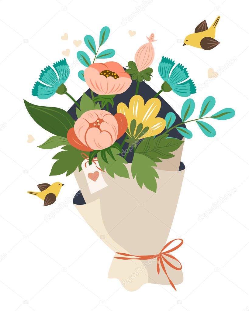 Beautiful congratulatory bouquet with flowers and birds. Cute postcard in flat style. Vector illustration.