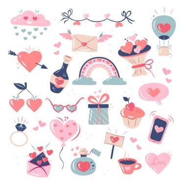 Sevgililer Günü için güzel elementlerin toplanması. Kalpler ve semboller. İzole edilmiş beyaz arka plan. El çizimi vektör illüstrasyonu.
