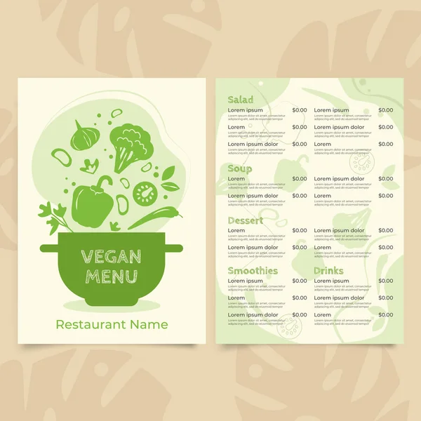 Menu Végétalien Pour Restaurant Café Modèle Conception Avec Des Éléments — Image vectorielle