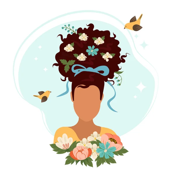 Mulher Negra Com Flores Cabelo Pássaros Ilustração Vetor Férias Primavera — Vetor de Stock