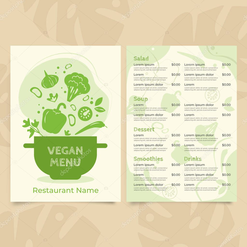 Vegan food menu for restaurant and cafe. Design template with hand drawn graphic elements in flat style. Vector illustration.