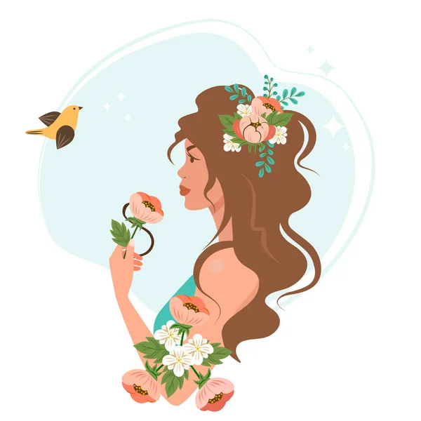 Belo Perfil Uma Mulher Com Cabelos Longos Flores Pássaro Ilustração — Vetor de Stock