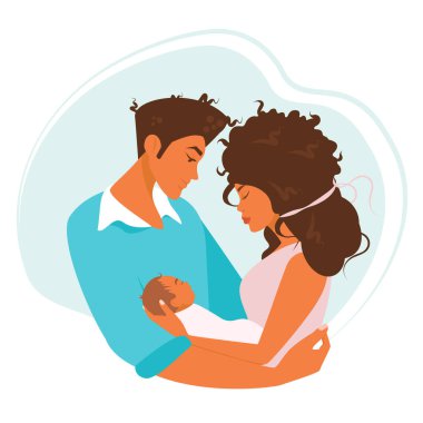 Siyah adam ve kadın yeni doğmuş bir bebeği tutuyorlar. Aile, sevgi, yetiştirilme. Vektör illüstrasyonu.