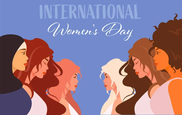 Dia Internacional Mulher Mulher Nacionalidade Diferente Cor Pele Cabelo Juntos — Vetor de Stock