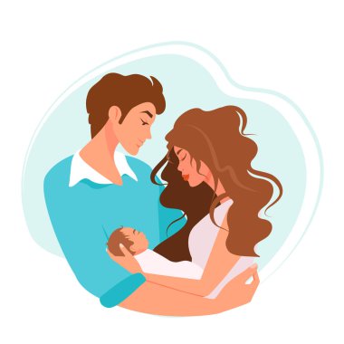 Bir erkek ve bir kadın yeni doğmuş bir bebeği kucaklıyorlar. Aile, sevgi, yetiştirilme. vektör illüstrasyonu.