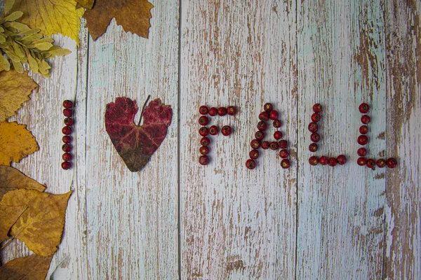 Die Inschrift Love Fall Auf Einem Blauen Holztisch Mit Herbstgelben — Stockfoto