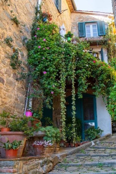 Blumenhaus Einem Antiken Dorf Der Toskana Von Italien — Stockfoto