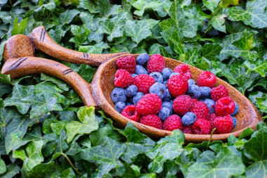 ahududu ve ahududu ahşap bir kasede