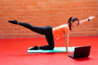 Bilgisayarda pilates dersi alan orta yaşlı hoş bir kadın.