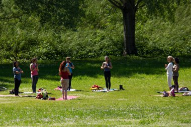  Parktaki bir grup kadın yoga yapıyor.