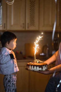Üç yaşındaki bir çocuk doğum gününü kutluyor. Doğum günü pastasındaki mumları üflüyor.