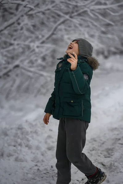 Boy Walks Snow Park — Stock Photo, Image