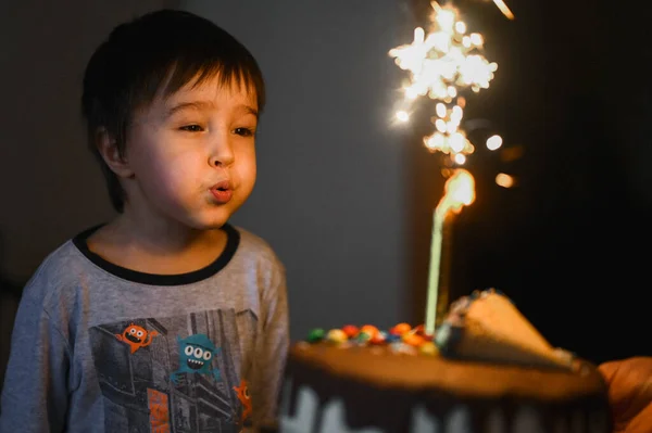 살짜리 아이가 생일을 축하하고 있습니다 케이크의 촛불을 — 스톡 사진