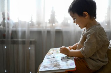 Küçük bir çocuk evdeki kanepede oturuyor ve kitaptaki resimlere bakıyor.