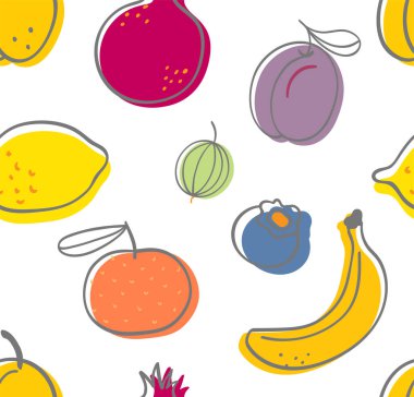 Funny and creative. Bright summer fruit's seamless pattern. Hand drawn ink funny doodle style.