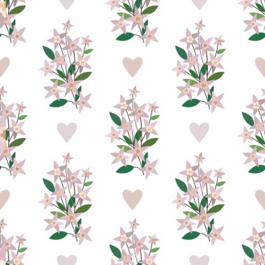 Deutzia çiçekleriyle narin bir çiçek aranjmanı. Çiçeksiz desenli pembe kalpli. 