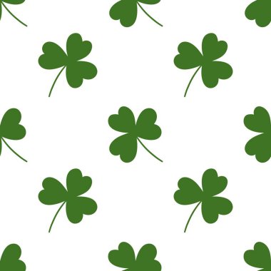 Düz dizaynlı yeşil yonca yaprağı deseni. Yoncalarla dolu bir geçmişi var. Vektör illüstrasyonu. 