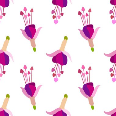 Beyaz arka planda serpilmiş Fuchsia pembe çiçekleri. Çiçeksiz desen. 