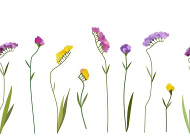 Parlak statik çiçekler. Mor çiçekli ve yapraklı kusursuz desen. Leylak tomurcukları. Baharda bahçede. Limonyum bitkileri.