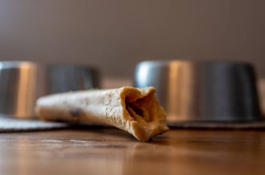 Metal bir kâseyle kemik çiğneyen bir köpeğin yan görüntüsü