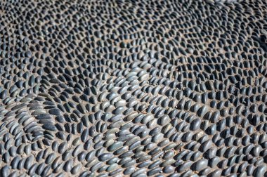 Bahçe yolunda duran nehir taşlarının dekoratif desenleri üzerine seçici odaklanma. 