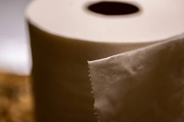 Selective focus on the edge sheet of a roll of toilet paper where individual threads are visible. — Foto Stock