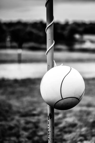 Tetherball Sentado Inactivo Junto Poste Patio Trasero Foto Alta Calidad — Foto de Stock