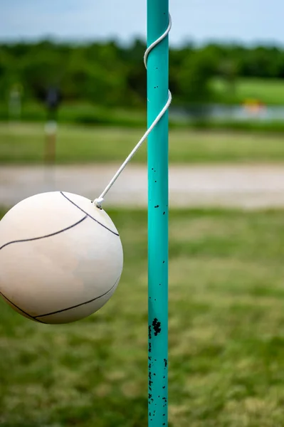 Tetherball Sentado Inactivo Junto Poste Patio Trasero Foto Alta Calidad — Foto de Stock