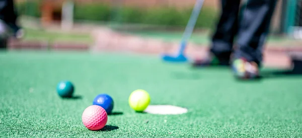 Mini Golf Game Several Colored Balls Way Putter Lined High — Stockfoto