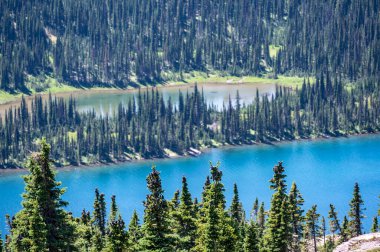 Montana, ABD 'deki Buzul Ulusal Parkı' ndaki Logan Pass 'tan gizli göl görüntüsü. - Evet. Yüksek kalite fotoğraf