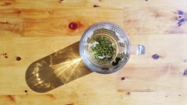 Bir bardak yeşil çay içen adam güneşli bir günde ilk kişi açık havaya bakar.