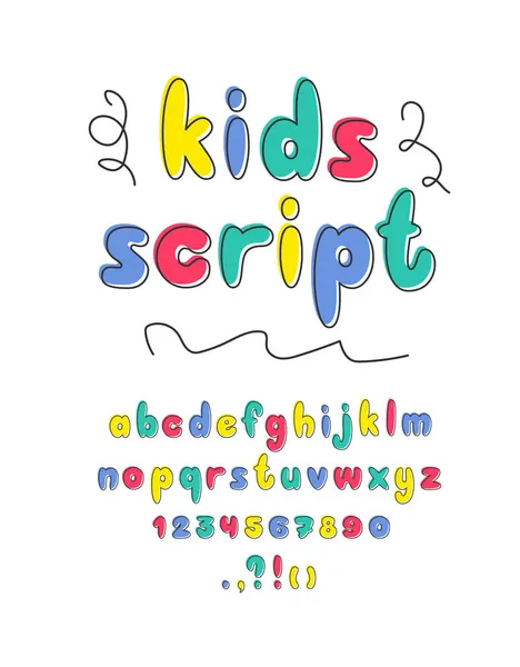 Kids Script Doodle Lettertype Engels Alfabet Kinderachtige Handgeschreven Letters Cijfers — Stockvector