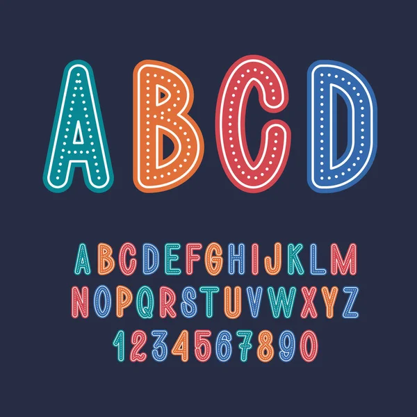 Decorative Cute Font Dots English Letters Numbers Kids Alphabet — Stock Vector