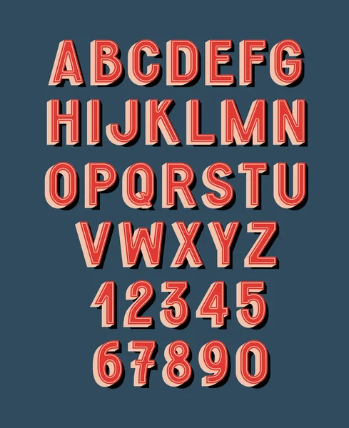 Police Rétro Alphabet Nombres Anglais Avec Effet Ombres — Image vectorielle