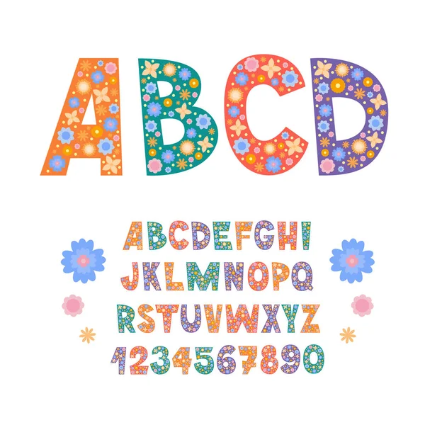 Cute Alphabet Decorated Flowers Kids Floral Font English Letters Numbers — стоковый вектор