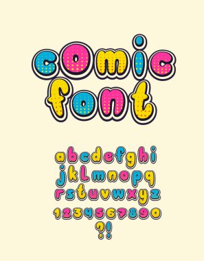  Comic font. Kids colorful letters and numbers. Ehglish funny alphabet.