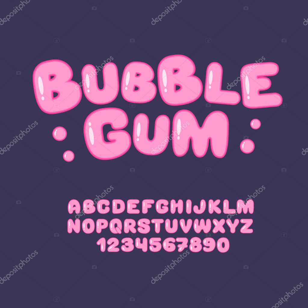 Bubble gum sweet font. English candy alphabet. Pink letters and numbers from 0 to 9.