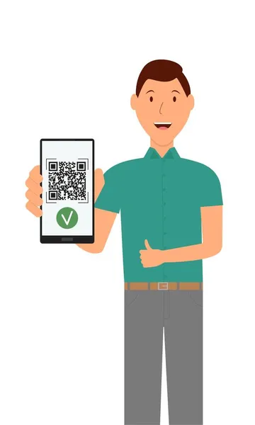 Un hombre muestra un código QR en su teléfono confirmando la disponibilidad de un certificado de vacunación. — Archivo Imágenes Vectoriales