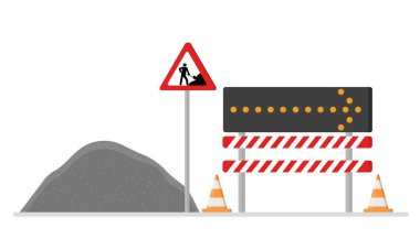 Road works, repairs. Installed fences, a detour direction indicator. Warning road signs. clipart