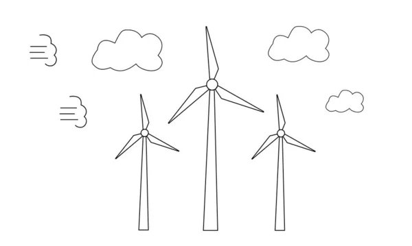 Hand drawn wind farms driven by the flow of air. Use of renewable energy. — Stock Vector