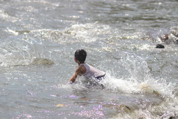 Unrecognizable Asian Kid Wearing White Shirt Playing Swimming Loji Beach — Stock Photo, Image