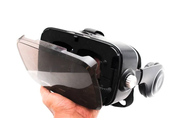 Close View Black Box Virtual Reality Glasses Hand Isolated White — Stock Photo, Image