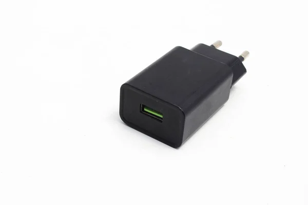 Zwarte Mobiele Telefoon Oplader Adapter Met Een Groene Micro Usb — Stockfoto